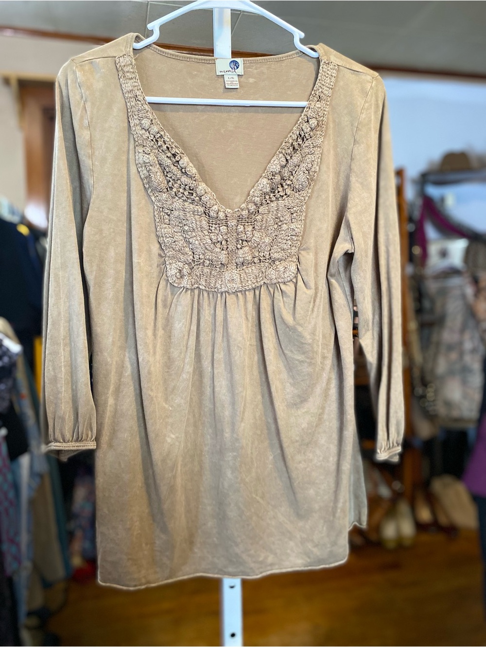 ONE WORLD Taupe Lacey V-Neck Long Sleeve Top